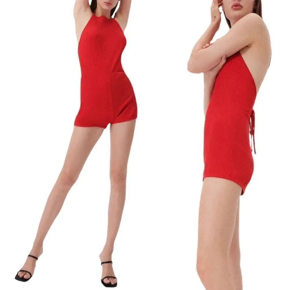 ✨Zara Women’s Red Ribbed Halter Romper Shorts Open Back Tie Festival Beach Mini✨